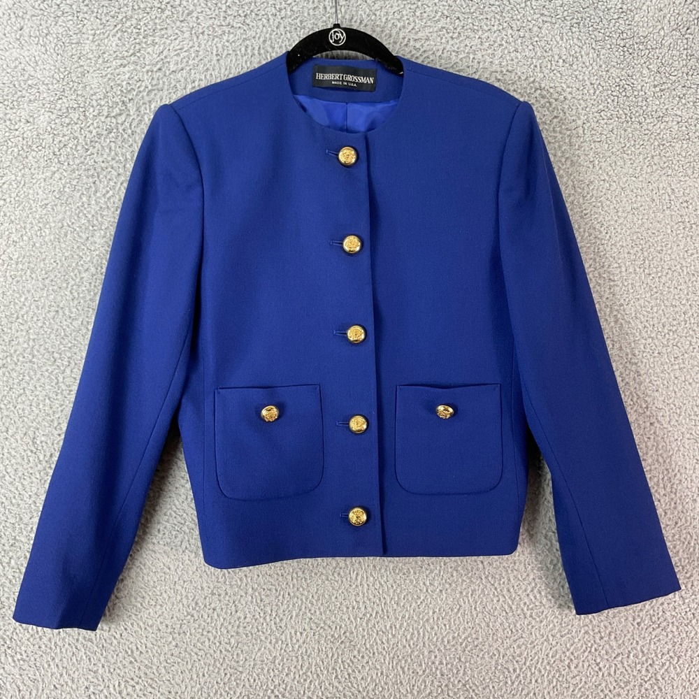 Herbert Grossman Blazer Women 8 Blue Excellent Gold Crest Button Vintage USA
